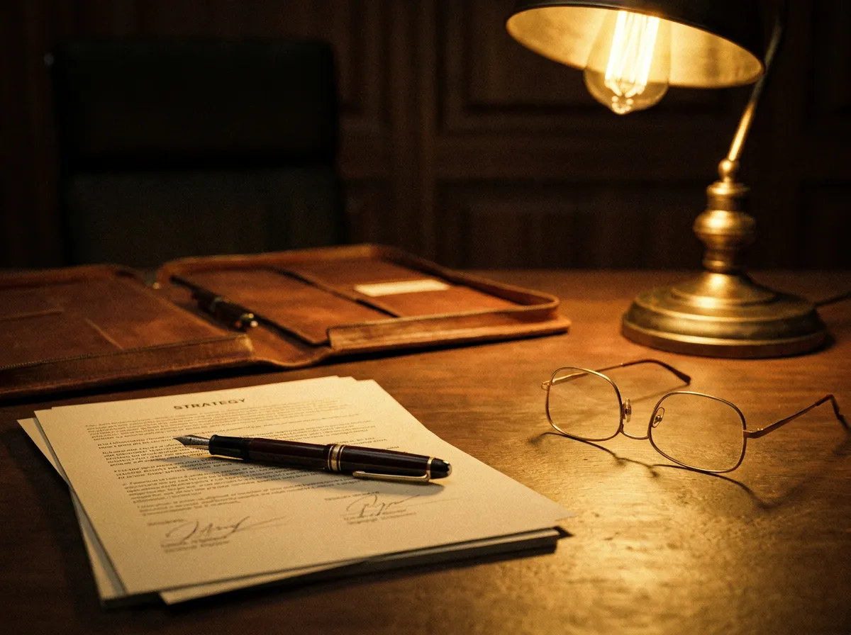 Advisory documents and fountain pen in warm lamplight